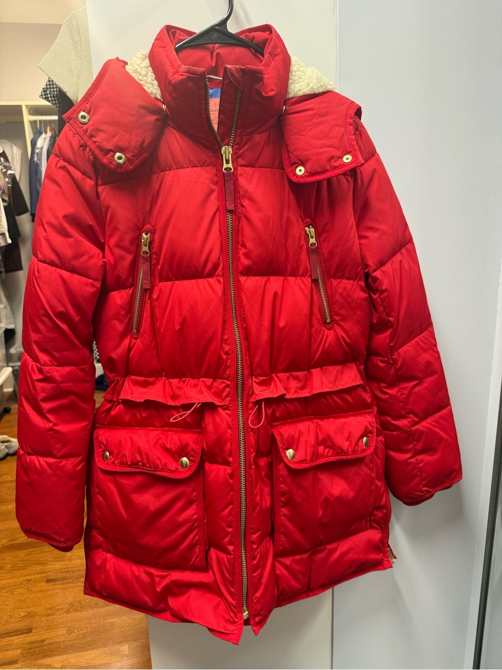J. Crew Bright Red Womenโs Puffer with Sherpa Trim and Detachable Hood